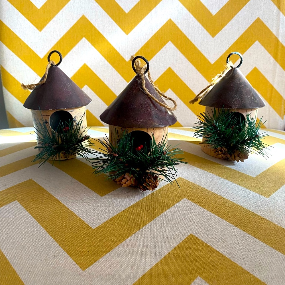 3 birdhouse Christmas tree ornaments